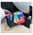 Vibrant color-block Tetris geometric pattern square crossbody bag with stylish gold chain - Black