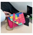 Stylish colorful geometric block pattern chain crossbody bag for women with gold strap - Rose Red