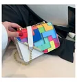 Trendy women's colorful Tetris-style block patterned small square bag with gold chain strap - White