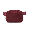 Winter burgundy sherpa fleece waist bag with adjustable strap for outdoor sports and travel - Burgundy