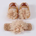 Baby girl gold princess shoes and matching floral headband gift set for infants - 12 (11cm) / Large Flower Shoes + Headband Set (XSX060) / Khaki