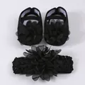 Ensemble élégant de chaussures de bébé noires et bandeau à fleurs avec grands accents - 12 (11cm) / Ensemble Chaussures Fleur + Bandeau (XSX060) / Noir