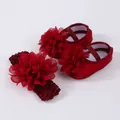 Élégantes chaussures de princesse rouges pour bébé avec fleurs 3D et bandeau - 12 (11cm) / Ensemble Chaussures Fleur + Bandeau (XSX060) / Bordeaux