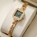 Elegant vintage square gold bracelet watch featuring an emerald green textured dial - Green Dial Gold Case