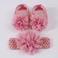 Ensemble chaussures et bandeau rose pour bébé fille avec grandes fleurs en tissu - 12 (11cm) / Ensemble Chaussures Fleur + Bandeau (XSX060) / Rose