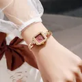 Elegant vintage square quartz watch with a red dial and gold-tone bracelet strap for women - Red Dial Gold Case
