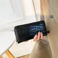 Portefeuille long élégant pour femmes en cuir PU noir avec motif crocodile tendance - Noir