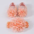 Adorable ensemble de chaussures à fleurs et bandeau pêche pour bébé fille princesse - 12 (11cm) / Ensemble Chaussures Fleur + Bandeau (XSX060) / Blanc Ivoire
