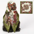 Elegant 90cm satin square scarf with olive green paisley pattern for women's fashion - Paisley (01) / 90x90 Size / Olive Green