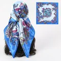 Elegant blue satin square scarf with vintage paisley pattern and silky finish for women - Paisley (02) / 90x90 Size / Bright Blue
