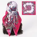 Elegant pink satin square scarf with colorful paisley pattern and glossy silk finish. - Paisley (03) / 90x90 Size / Rose Red
