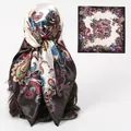 Elegant satin square scarf featuring a vibrant colorful paisley pattern on a black border. - Paisley (04) / 90x90 Size / Black and White