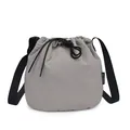 Grey lightweight nylon drawstring bucket bag with adjustable black shoulder strap - Gray