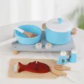 Blue wooden kitchen play set featuring toy stove, pots, and cutting board with fish - Stove and Cookware