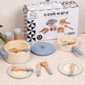 Educational wooden play kitchen cookware set with pots pans and plates for toddlers - Blue Cookware Set