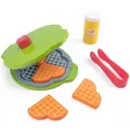 Wooden play waffle maker toy set featuring green iron and orange heart-shaped waffles - Pancake Maker
