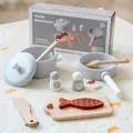 Premium grey wooden play kitchenware toy set for toddler simulation and early role play - Grey Cookware Set