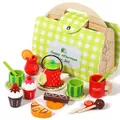 Premium wooden pretend play tea and dessert set for toddlers with green checkered basket - Afternoon Tea