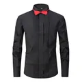 Men's slim-fit long-sleeved tuxedo dress shirt with red bow tie and pleated front - 3XL / Tops / Black