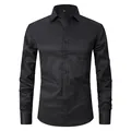 Men's professional black long-sleeved dress shirt with subtle grid texture - 3XL / Tops / Black