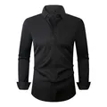Premium men's slim fit long sleeve black dress shirt in anti-wrinkle stretch fabric - 3XL / Tops / Black