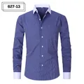 Formal men's blue striped long-sleeved shirt featuring white contrast collar and cuffs - 3XL / Tops / Dark Blue And White Thin Stripe (627-13)