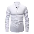 Slim fit white long-sleeved dress shirt for men featuring elegant black buttons and stretch - 3XL / Tops / White (Black Button)