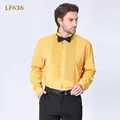 Elegant men's yellow pleated tuxedo shirt with wing collar and black bow tie set - 3XL / Tops / Yellow