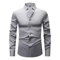 Premium men's grey four-way stretch long-sleeved dress shirt featuring sleek black buttons - 3XL / Tops / Gray (Black Button)