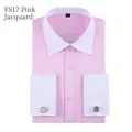 Elegant men's pink jacquard French cuff long sleeve shirt with white contrast collar - 3XL / Tops / Pink Jacquard