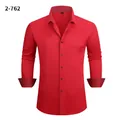 Red four-way stretch men's long sleeve dress shirt with contrast patterned cuffs - 3XL / Tops / Bright Red (2-762)