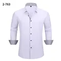 White men's long-sleeve stretch business shirt with striped contrast collar and cuffs - 3XL / Tops / Pure White (2-763)