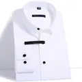 Men's white long-sleeve dress shirt in a folded view with black buttons and slim fit style. - 3XL / Tops / Black Buttons Style / White