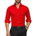 Premium men's vibrant red long sleeve stretch anti-wrinkle slim fit business dress shirt - 3XL / Tops / Red (W7-12)