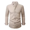 Slim fit men's beige four-way stretch long sleeve shirt, anti-wrinkle business style - 3XL / Tops / Khaki