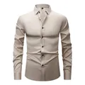 Chemise d'affaires stretch à manches longues pour hommes en kaki avec boutons noirs - 3XL / Hauts / Beige (Bouton Noir)