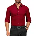 Slim fit burgundy long sleeve stretch dress shirt for men featuring a single chest pocket - 3XL / Tops / Wine Red (W7-10)