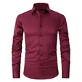 Men's slim fit burgundy long sleeve business dress shirt in premium elastic fabric - 3XL / Tops / Burgundy