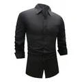Classic men's slim fit long-sleeve business shirt in black, featuring elastic stretch fabric - 3XL / Tops / Obsidian Black (W7-13)