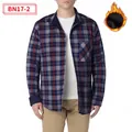 Warm men's blue and red plaid long-sleeve shirt with thick black fleece lining - Navy Red and White Plaid