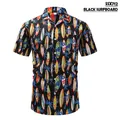 Vintage style black Cuban collar shirt featuring a retro surfboard and palm tree print design - S / Tops / Black Surfboard (SSX712)
