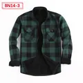 Men's warm green and black plaid long-sleeve shirt with soft black fleece lining - Top (BN14-3)