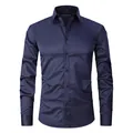 Elegant men's slim fit long sleeve business formal dress shirt in deep navy blue finish - 3XL / Tops / Dark Blue