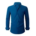 Men's casual long-sleeved button-down shirt in solid dark blue with front pocket - 3XL / Top (W7-16) / Dark Blue