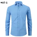 Men's blue checkered long-sleeve casual slim-fit shirt with a front chest pocket - 3XL / Tops / Blue Plaid (A7-1)
