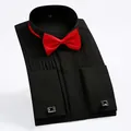 Professional men's black tuxedo shirt with pleated front and striking red bow tie - 3XL / Tops / Black (H-5504)