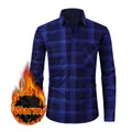 Camicia di flanella calda a quadri blu da uomo foderata in pile per autunno e inverno - S / Tops / Plaid Blu Scuro