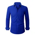 Classic men's casual long-sleeved stretch dress shirt with chest pocket in royal blue - 3XL / Top (W7-5) / Royal Blue