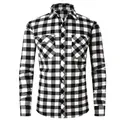 Men's casual slim fit black and white buffalo plaid flannel shirt with double chest pockets - S / Tops / Black White (M518)