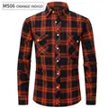 Men's casual slim fit plaid shirt in orange and indigo with double pockets - S / Tops / Orange Navy (M506)